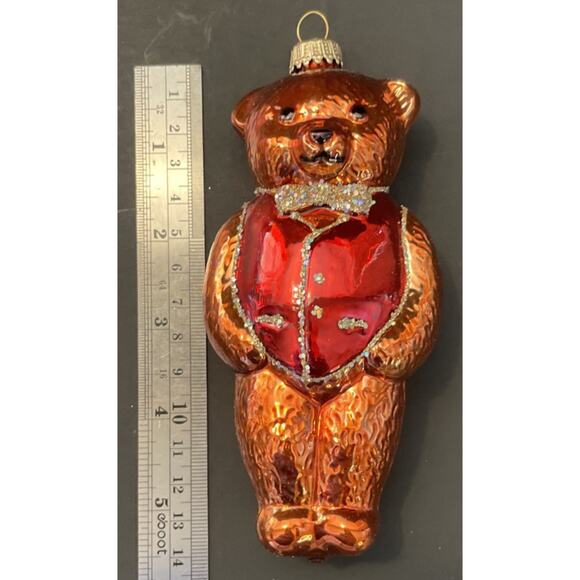 Vintage Lauscha Glas Creation Bear Christmas Ornament Blown Glass Red Vest - Picture 5 of 8